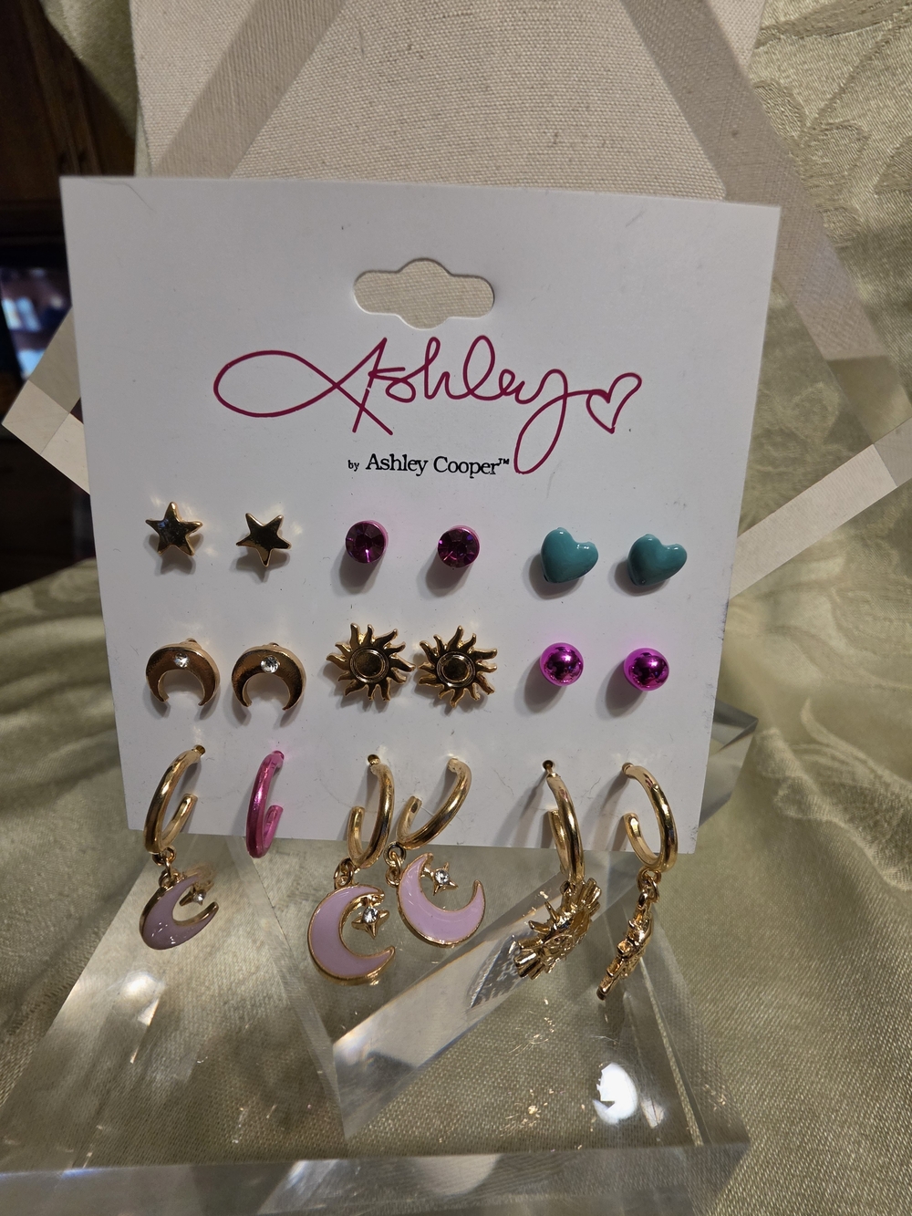 #1361 Ashley Cooper Gold and Pink Moon & Sun Earring Set with Teal Hearts